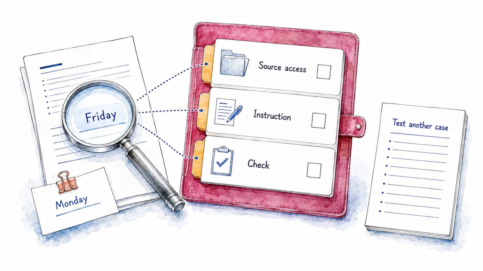 A Friday claim conflicts with a Monday source note; source access, instructions and checks are candidate causes to investigate before testing another case.