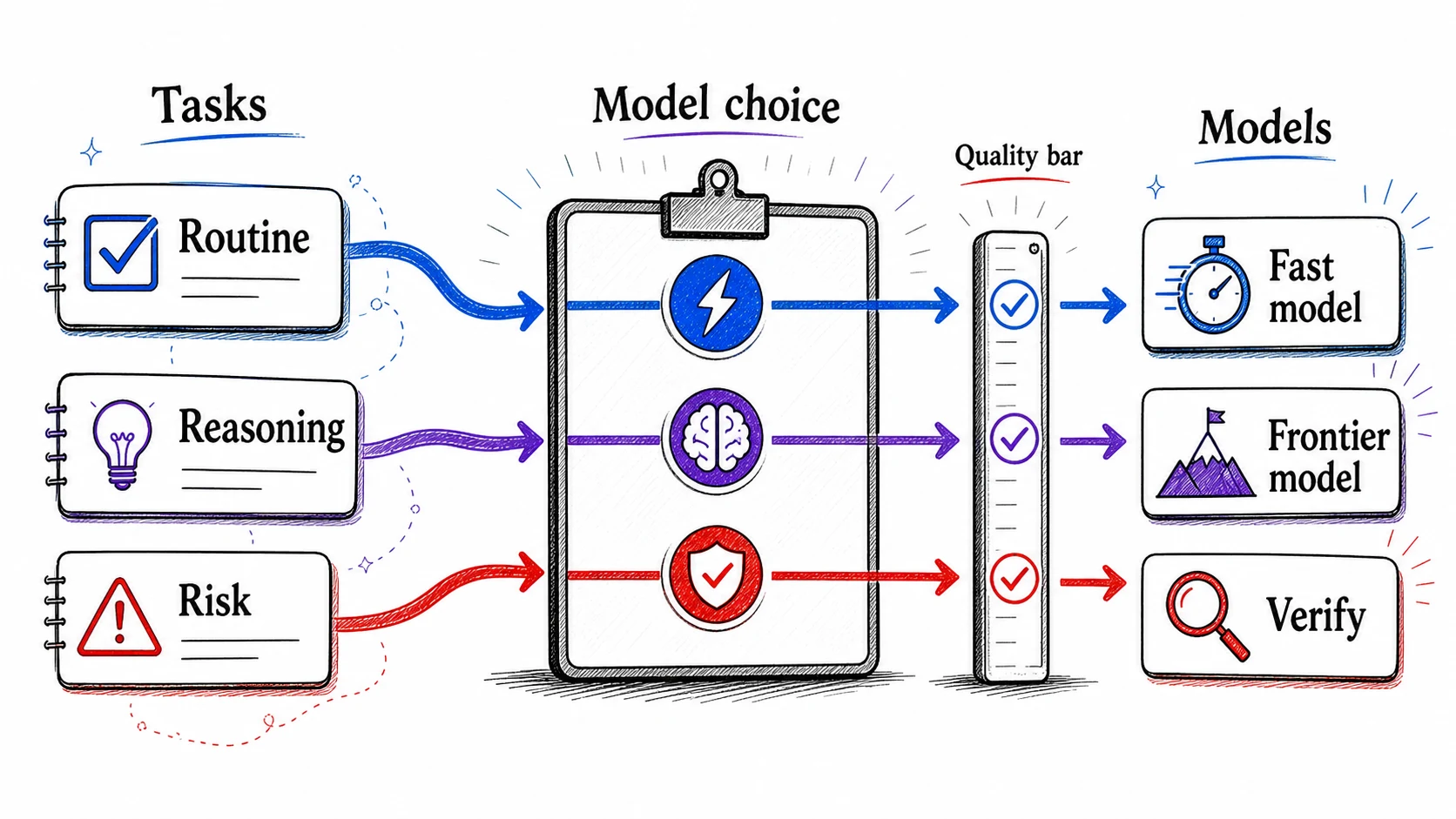 Hand-drawn routing diagram showing routine, reasoning, and risk-heavy tasks passing through a quality bar toward fast, frontier, or verified model choices.