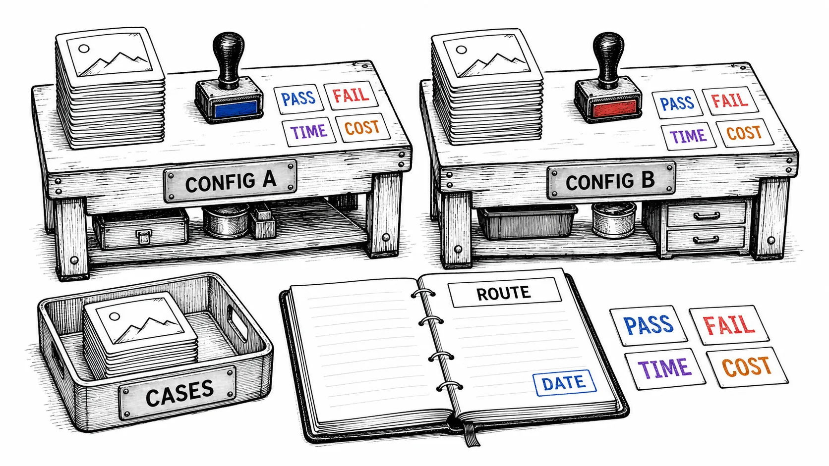 Hand-drawn evaluation diagram showing representative cases tested on Config A and Config B, with pass, fail, time, and cost recorded in a dated routing notebook.