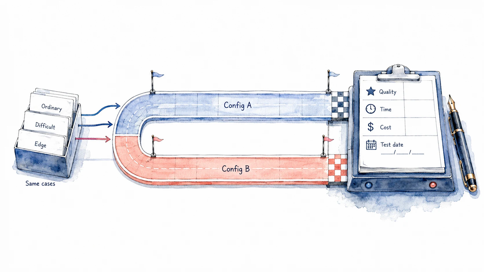 The same ordinary, difficult and edge cases enter two configuration lanes, with quality, time, cost and test date left for comparison.