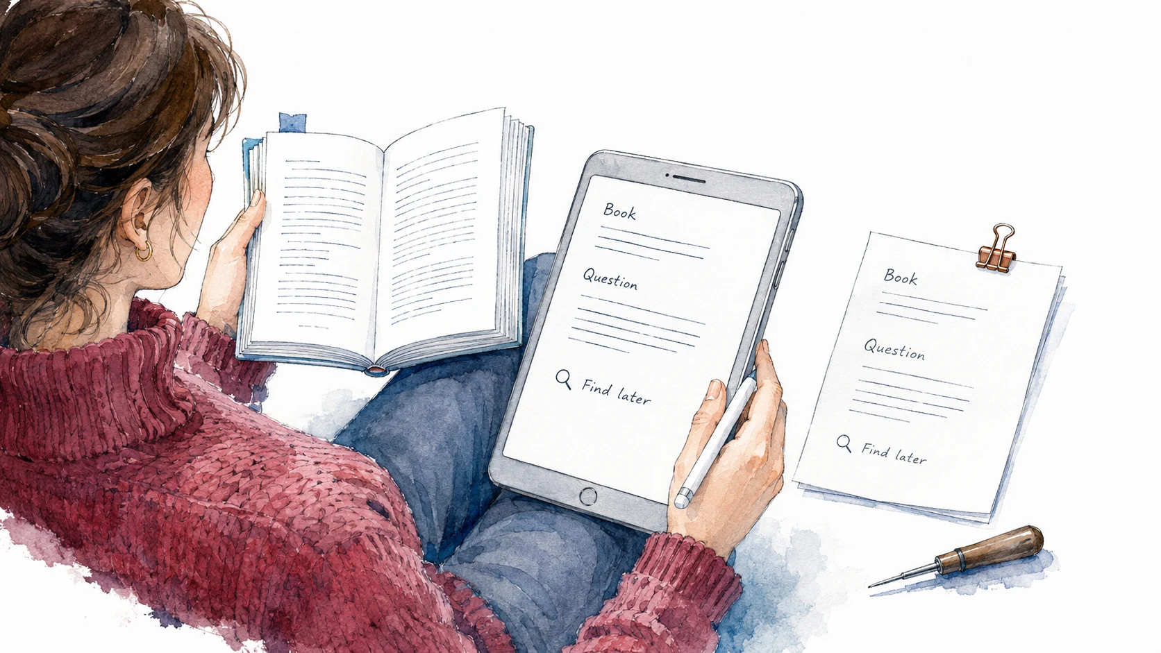 A reader uses a small personal reading tool for the book, a question and finding it later, alongside a simple paper equivalent and maintenance tool.