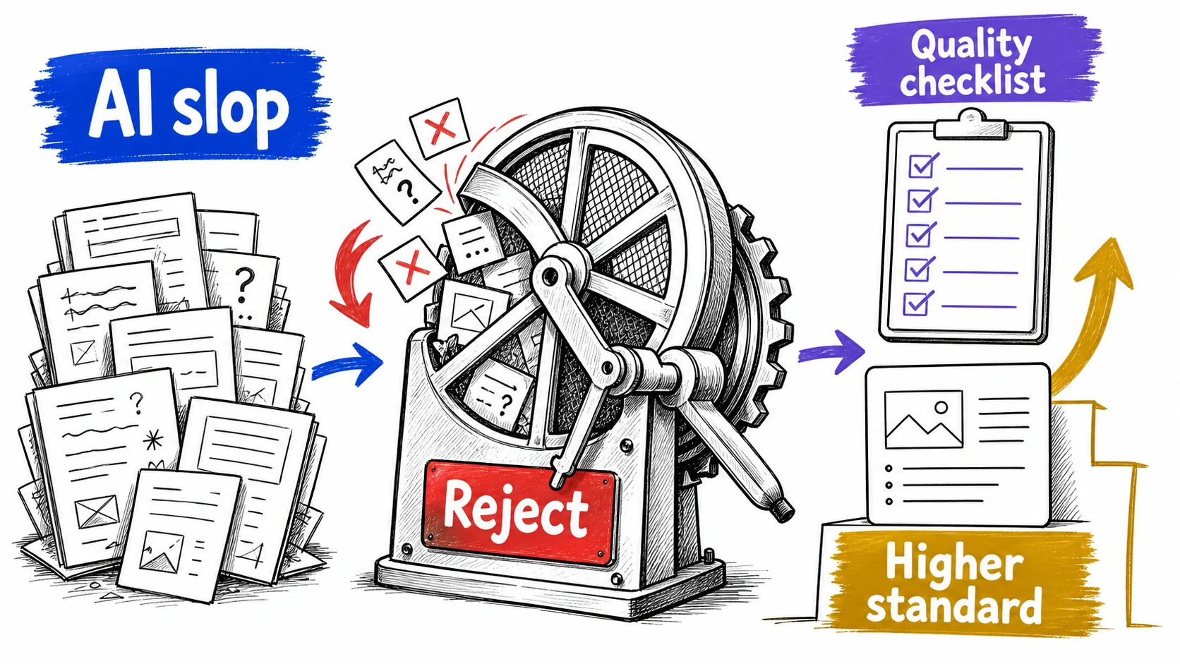 Hand-drawn filter diagram showing weak AI output labeled AI slop being rejected and turned into a quality checklist that raises the standard.