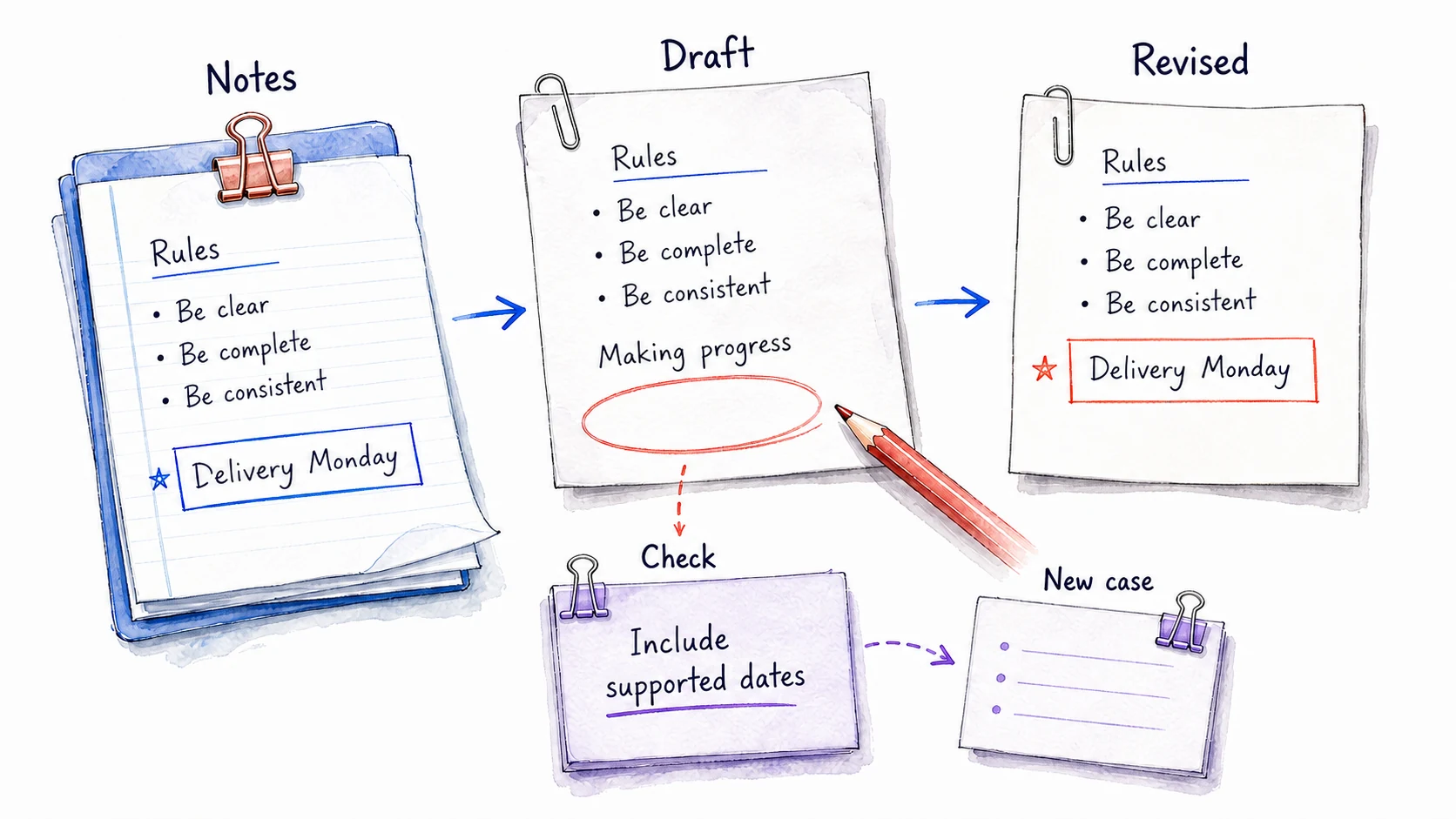 A draft omits the source's Monday delivery; a revised draft restores it, and an Include supported dates check is saved for a new case.