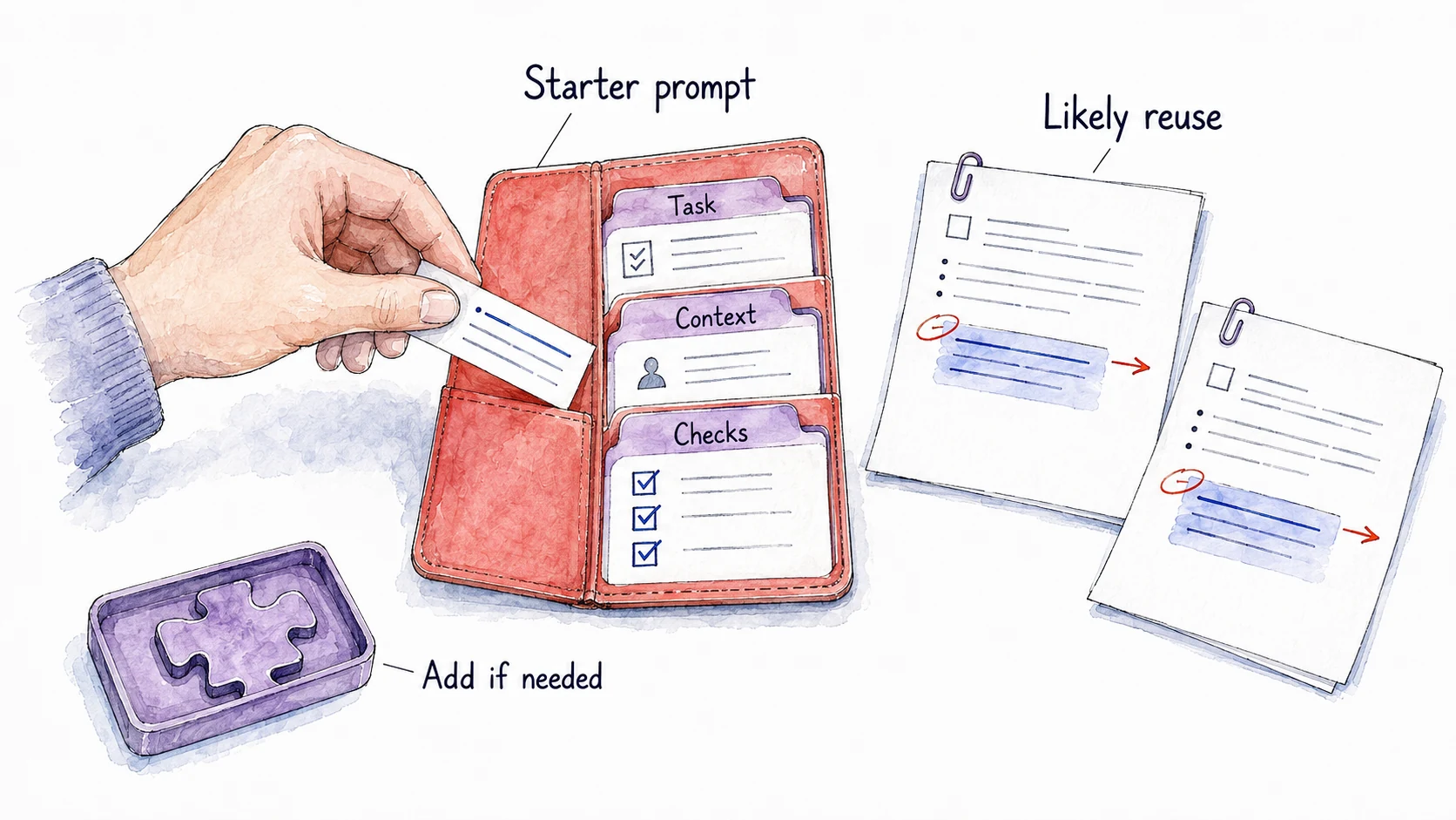 A hand adds a correction to one starter prompt with task, context, and checks; repeated task pages and a separate optional component show when reuse or added structure may help.