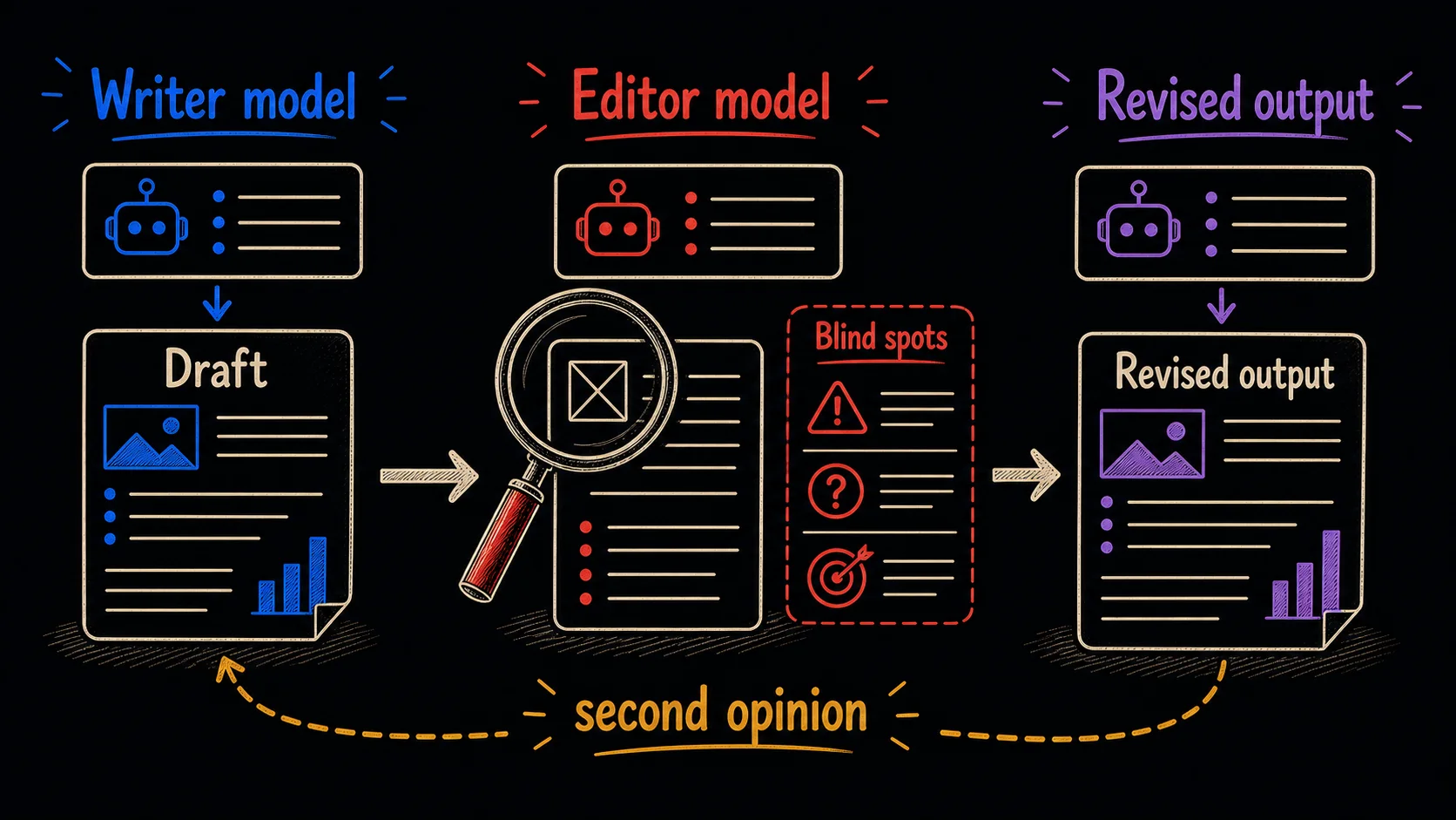 Hand-drawn writer-editor workflow showing a writer model producing a draft, a separate editor model finding blind spots, and a revised output produced from the second opinion.
