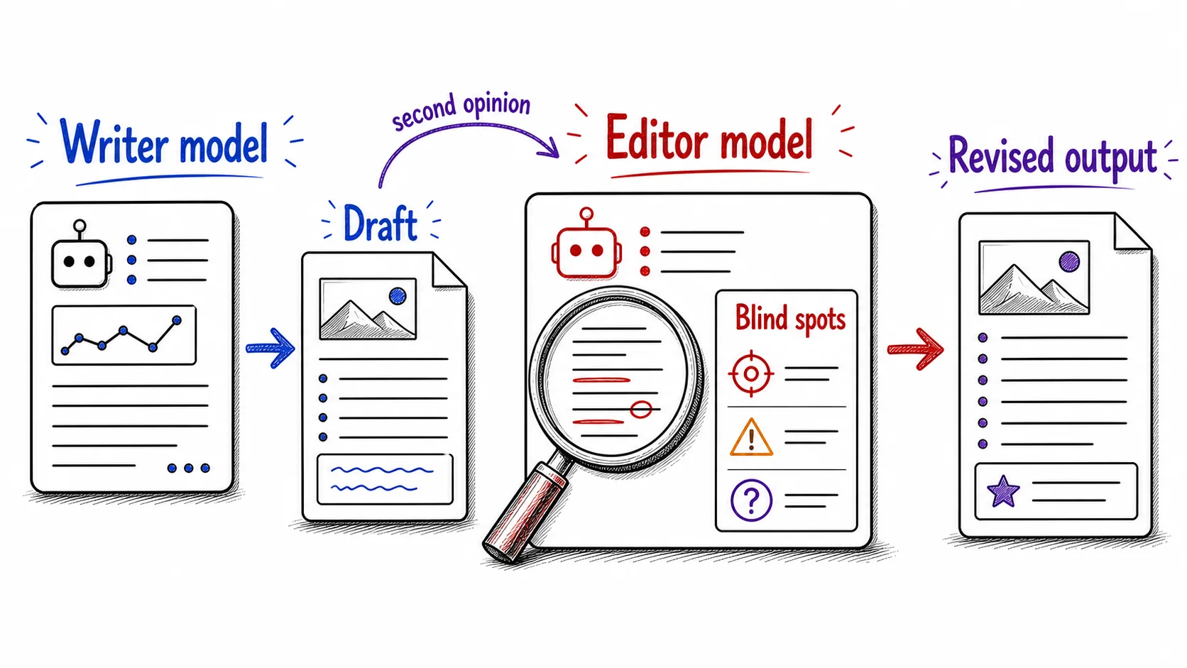 Hand-drawn writer-editor workflow showing a writer model producing a draft, a separate editor model finding blind spots, and a revised output produced from the second opinion.