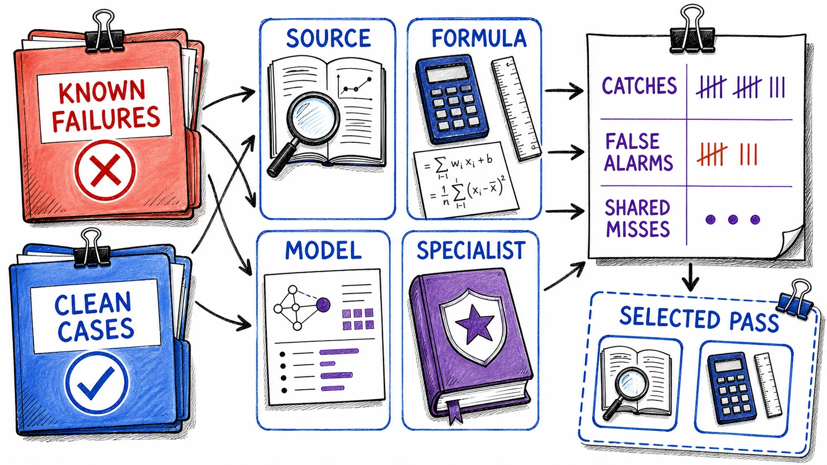 Hand-drawn writer-editor workflow showing a writer model producing a draft, a candidate editor checking it, and a revised output after evidence-backed findings are reviewed.