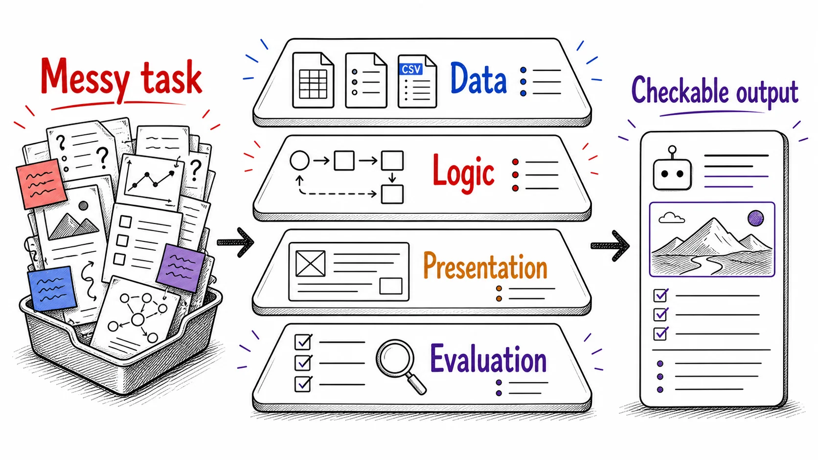 Hand-drawn layered decomposition diagram showing a tangled AI task separated into data, logic, presentation, and evaluation layers before becoming checkable output.
