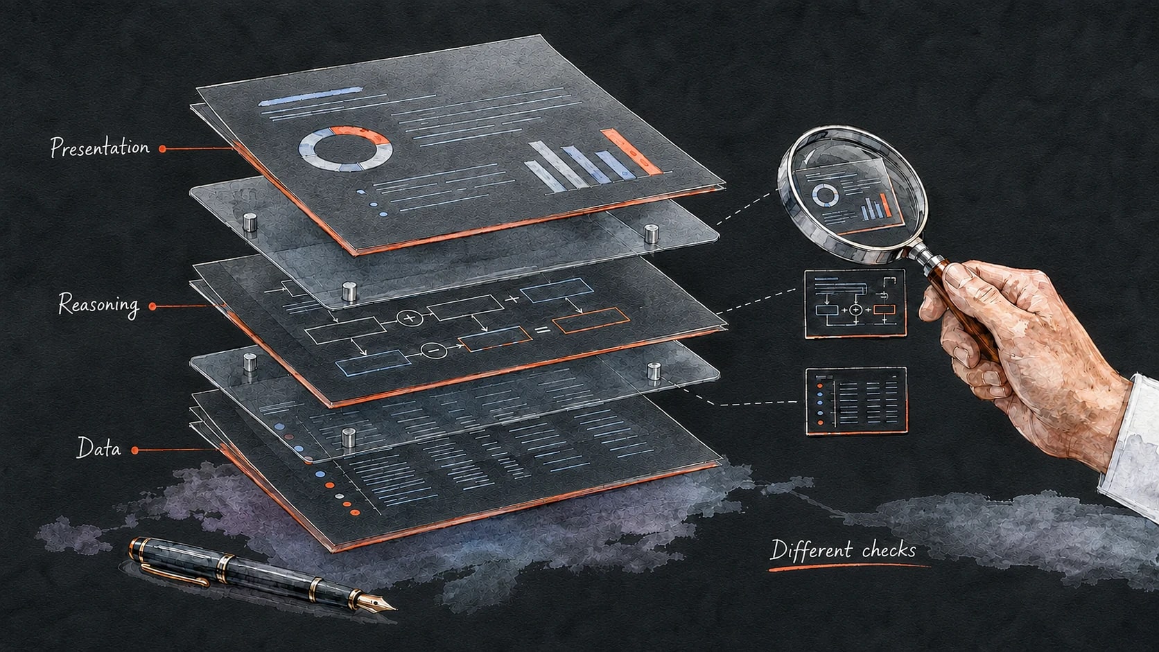 An exploded report separates data, reasoning and presentation, with a different inspection for each layer.
