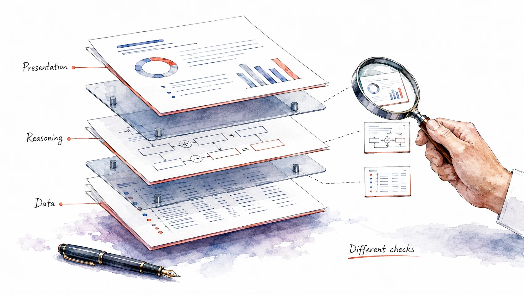 An exploded report separates data, reasoning and presentation, with a different inspection for each layer.