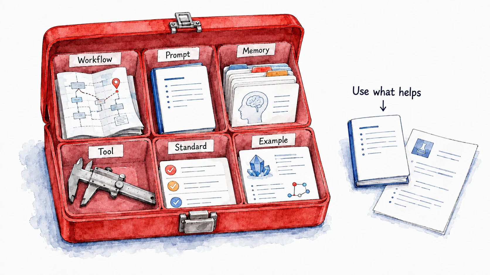 Six distinct toolkit compartments hold a workflow, prompt, memory, tool, standard and example, with only a chosen subset outside under Use what helps.