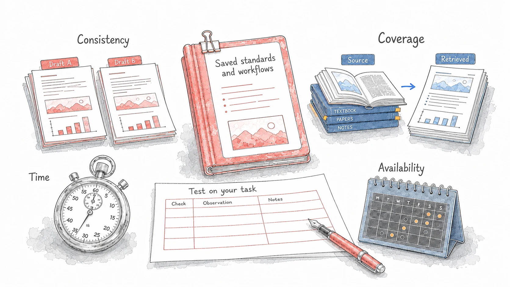 Saved standards and workflows are surrounded by repeated drafts, source and retrieved material, a stopwatch, and a calendar, with an empty record for testing their effects.