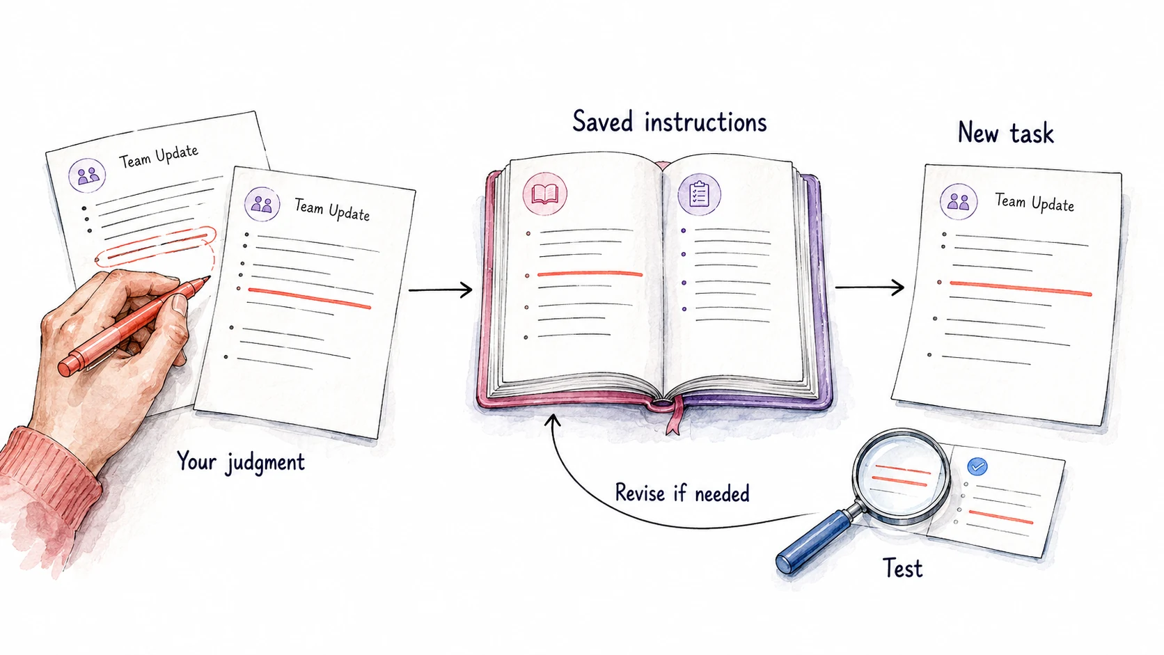 A hand corrects a team update, records the judgment in saved instructions, and tests a new draft, with a revision arrow returning to the instruction book.