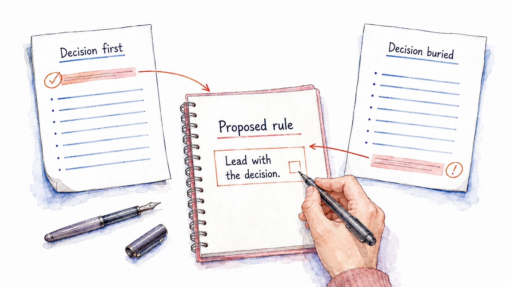 A decision-first example and a decision-buried example both inform a proposed Lead with the decision rule awaiting review.
