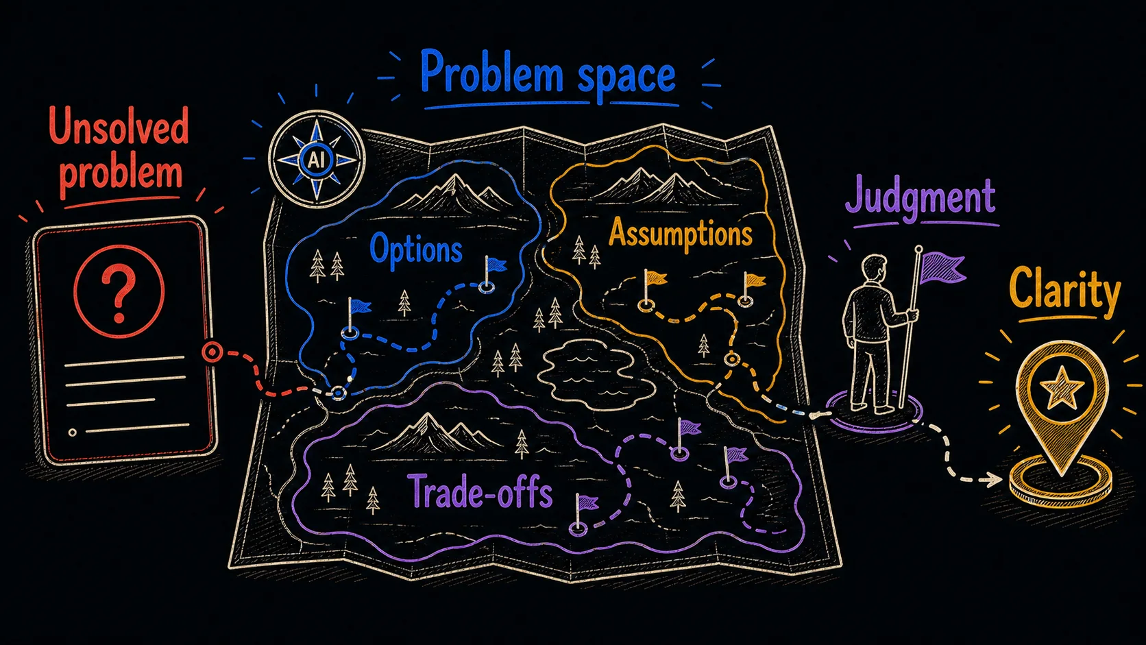 Hand-drawn exploration map showing an unsolved problem expanded into options, assumptions, and trade-offs, with human judgment choosing a path toward clarity.