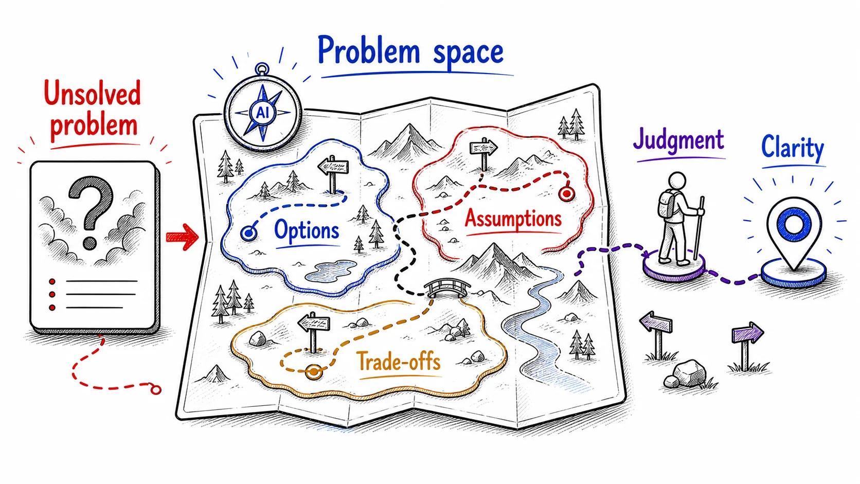 Hand-drawn exploration map showing an unsolved problem expanded into options, assumptions, and trade-offs, with human judgment choosing a path toward clarity.