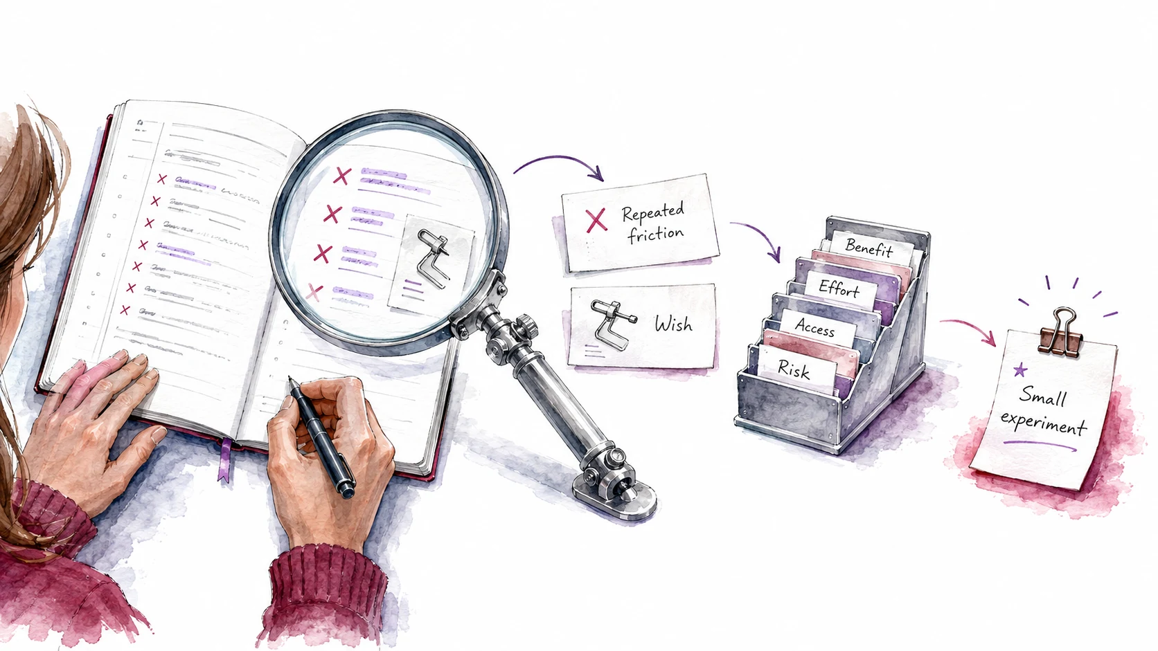 A person finds recurring friction in a work diary, considers a wish, and weighs benefit, effort, access and risk before choosing a small experiment.