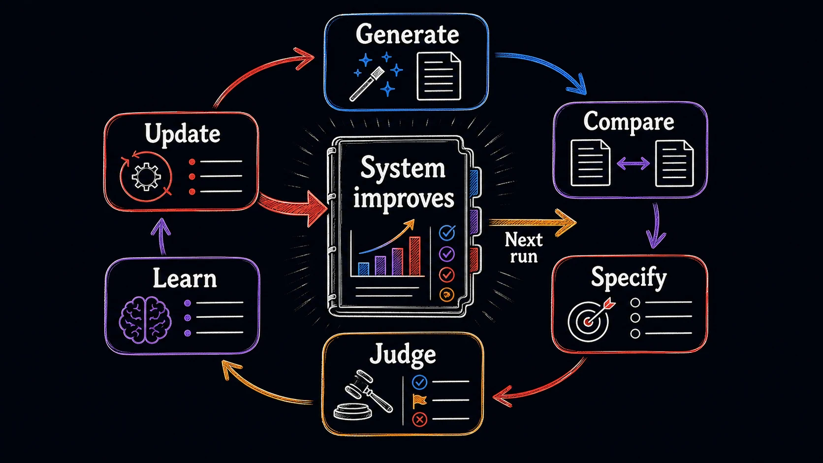 Hand-drawn learning loop showing generate, compare, specify, judge, learn, and update steps feeding a system that improves the next run.