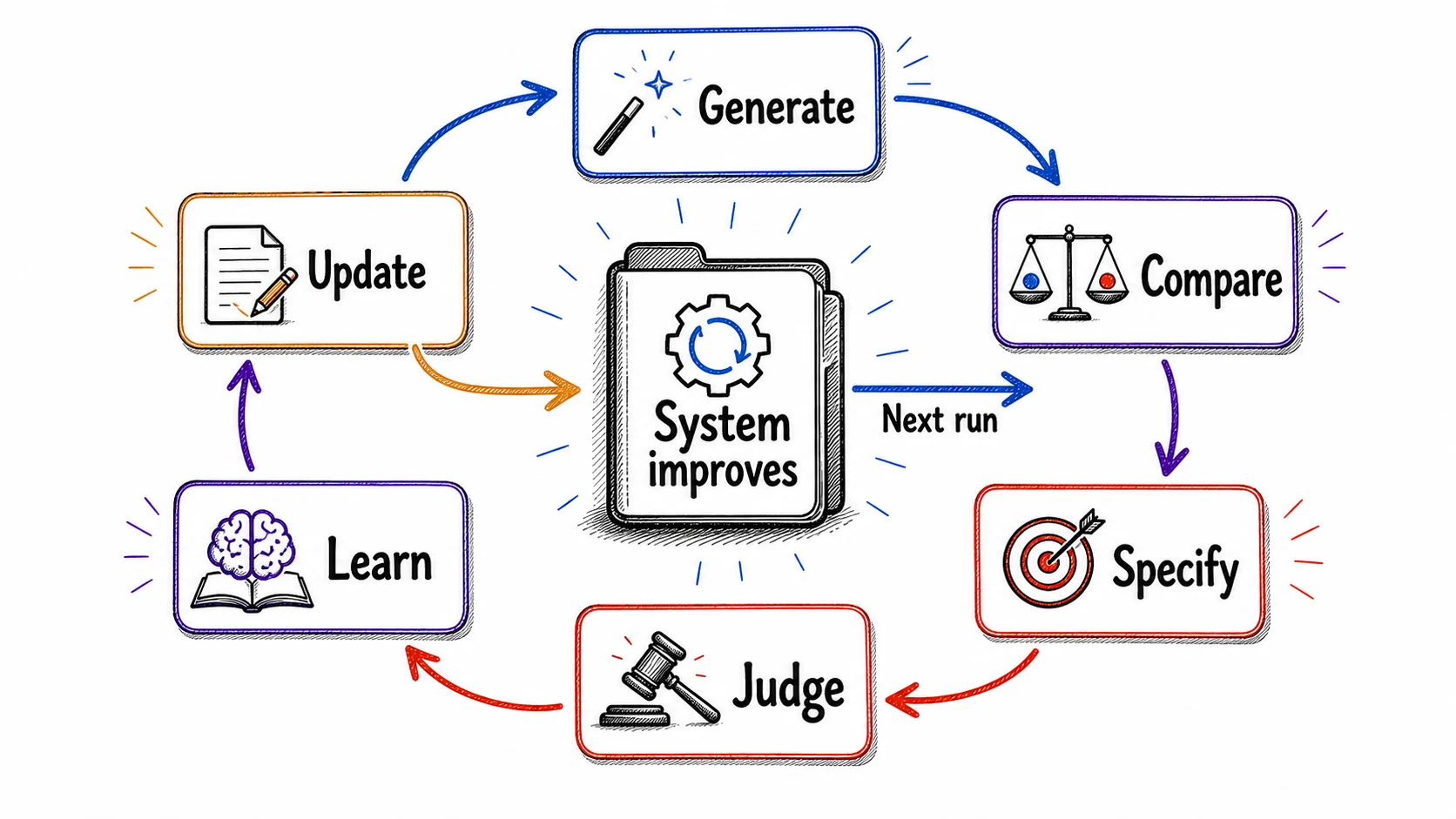 Hand-drawn learning loop showing generate, compare, specify, judge, learn, and update steps feeding a system that improves the next run.