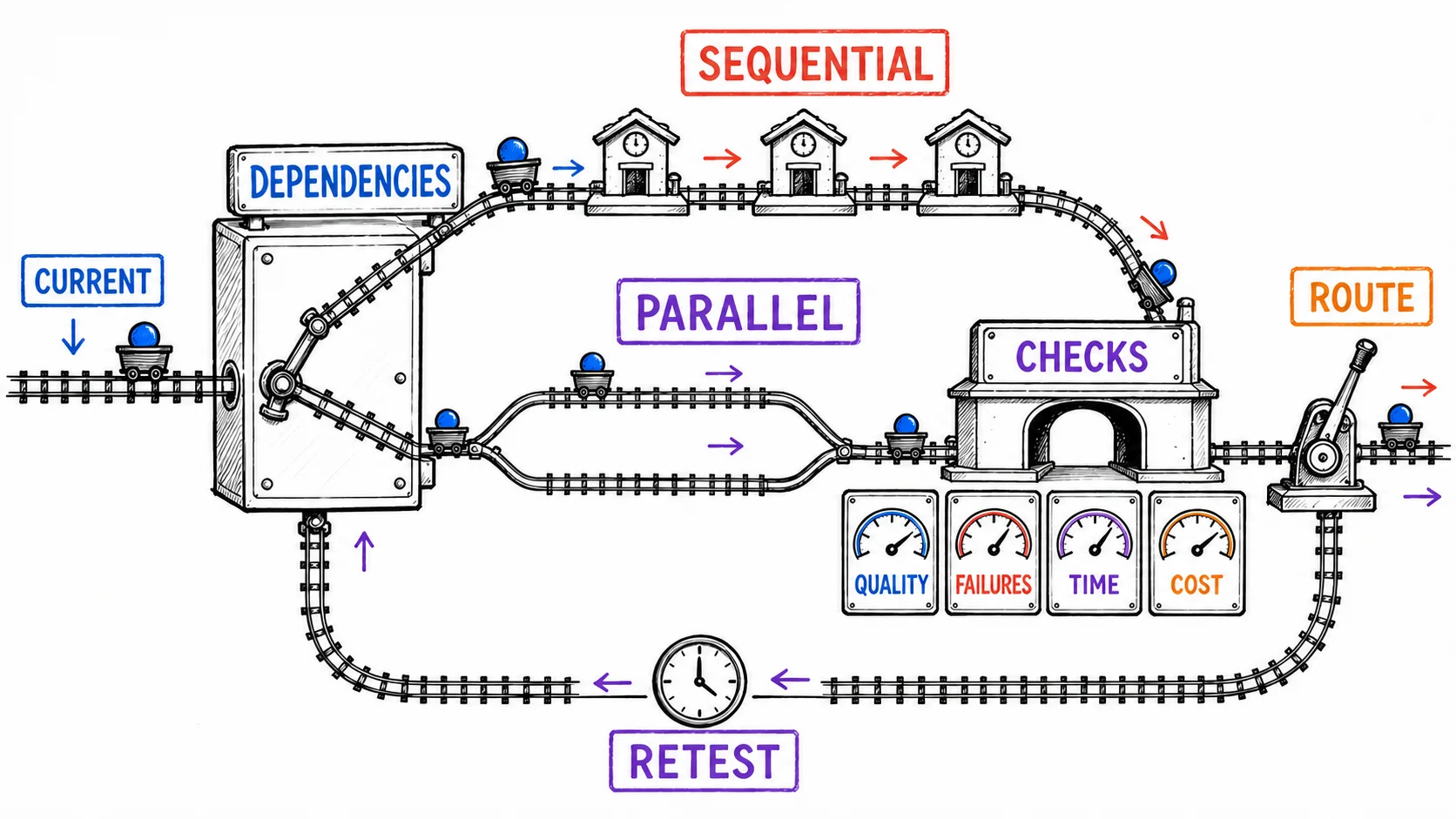 Hand-drawn before-and-after workflow map showing an old sequence redesigned after AI changes cost, with parallel steps, human judgment, and structural gain.