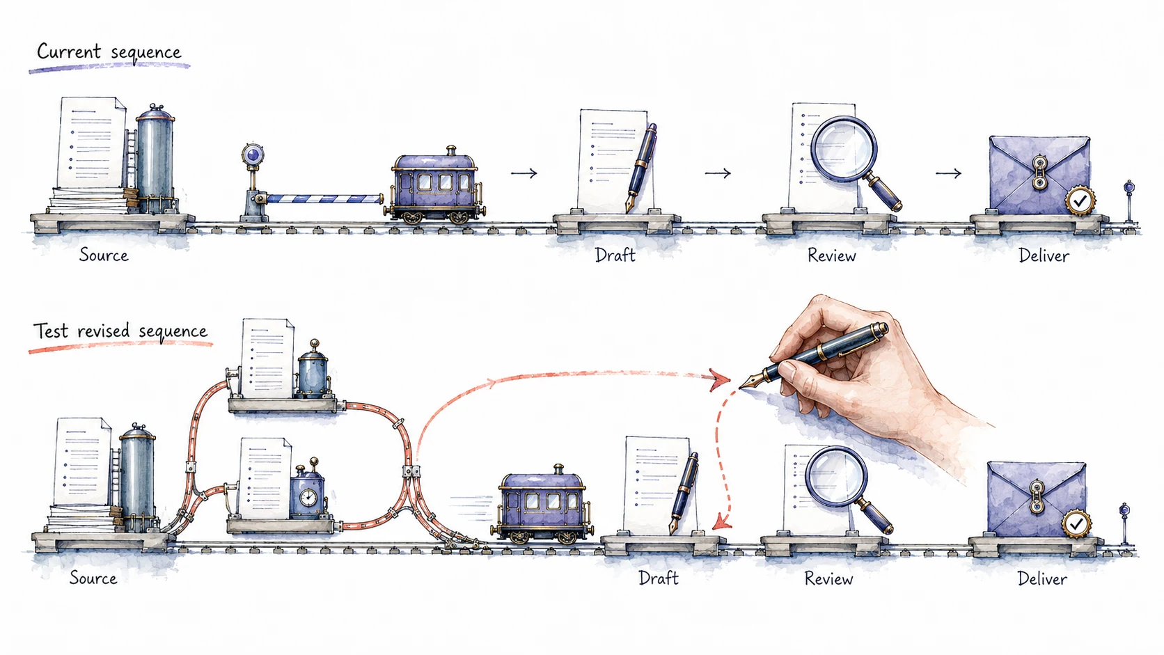 Two miniature workflow railways compare a waiting current sequence with a revised route that prepares inputs before drafting, review and delivery.