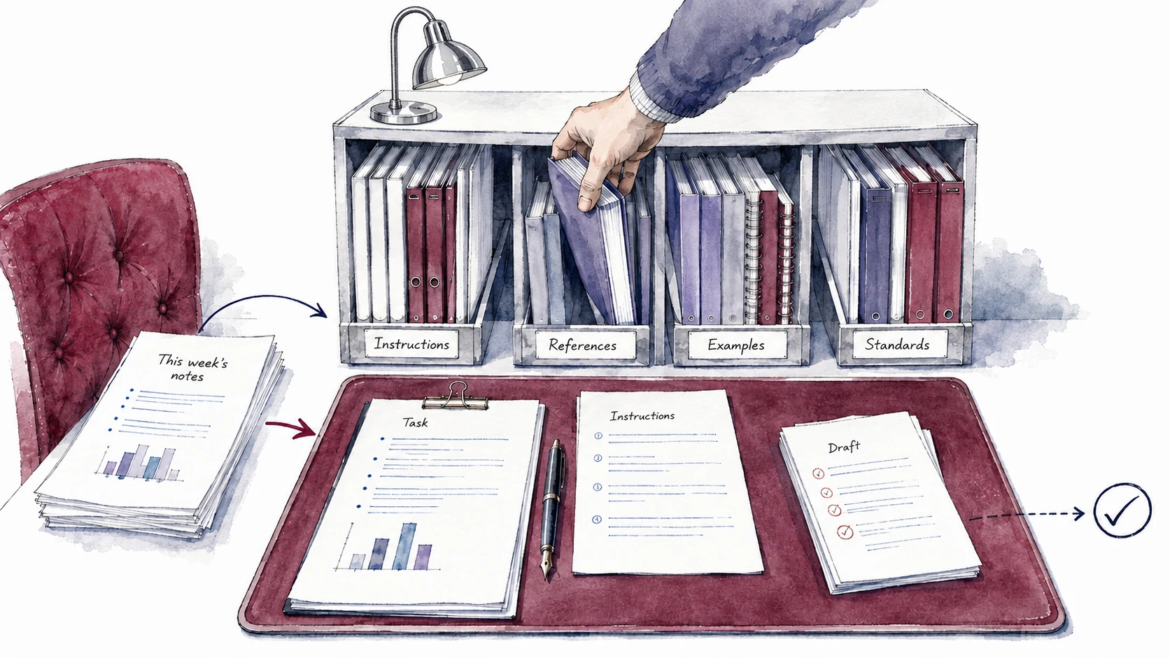 A prepared work area holds instructions, references, examples and standards; a person selects a reference as fresh notes feed the current task and draft.