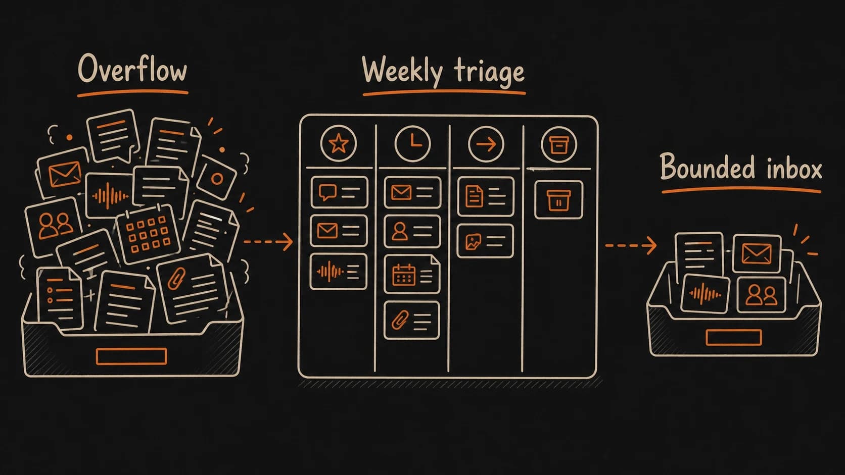 A raw dump overflow being narrowed by weekly triage into a bounded inbox