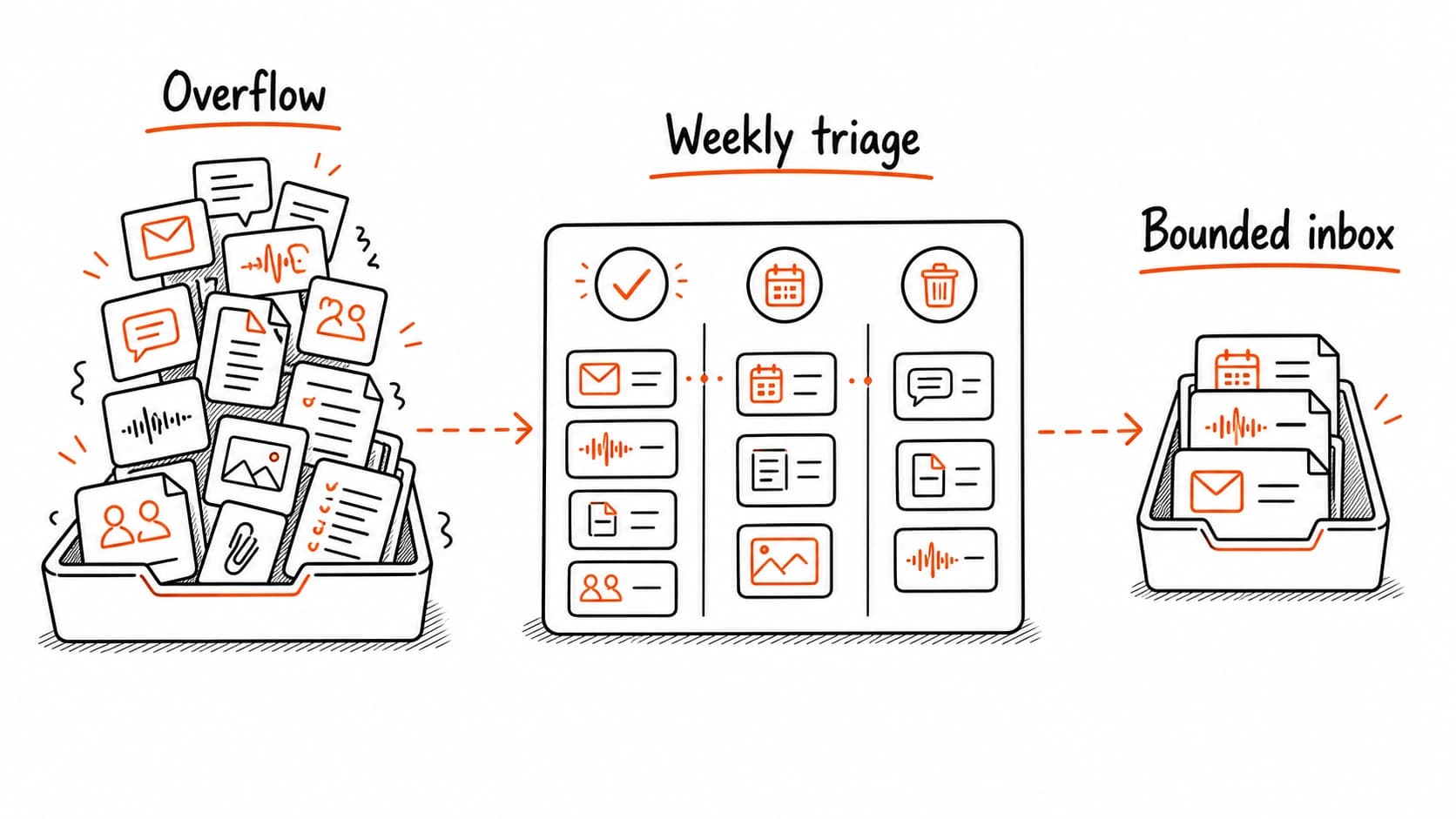 A raw dump overflow being narrowed by weekly triage into a bounded inbox