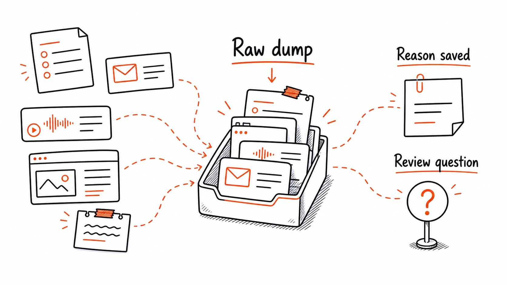 A raw dump folder accepting meeting notes, emails, voice notes, documents, and quick ideas