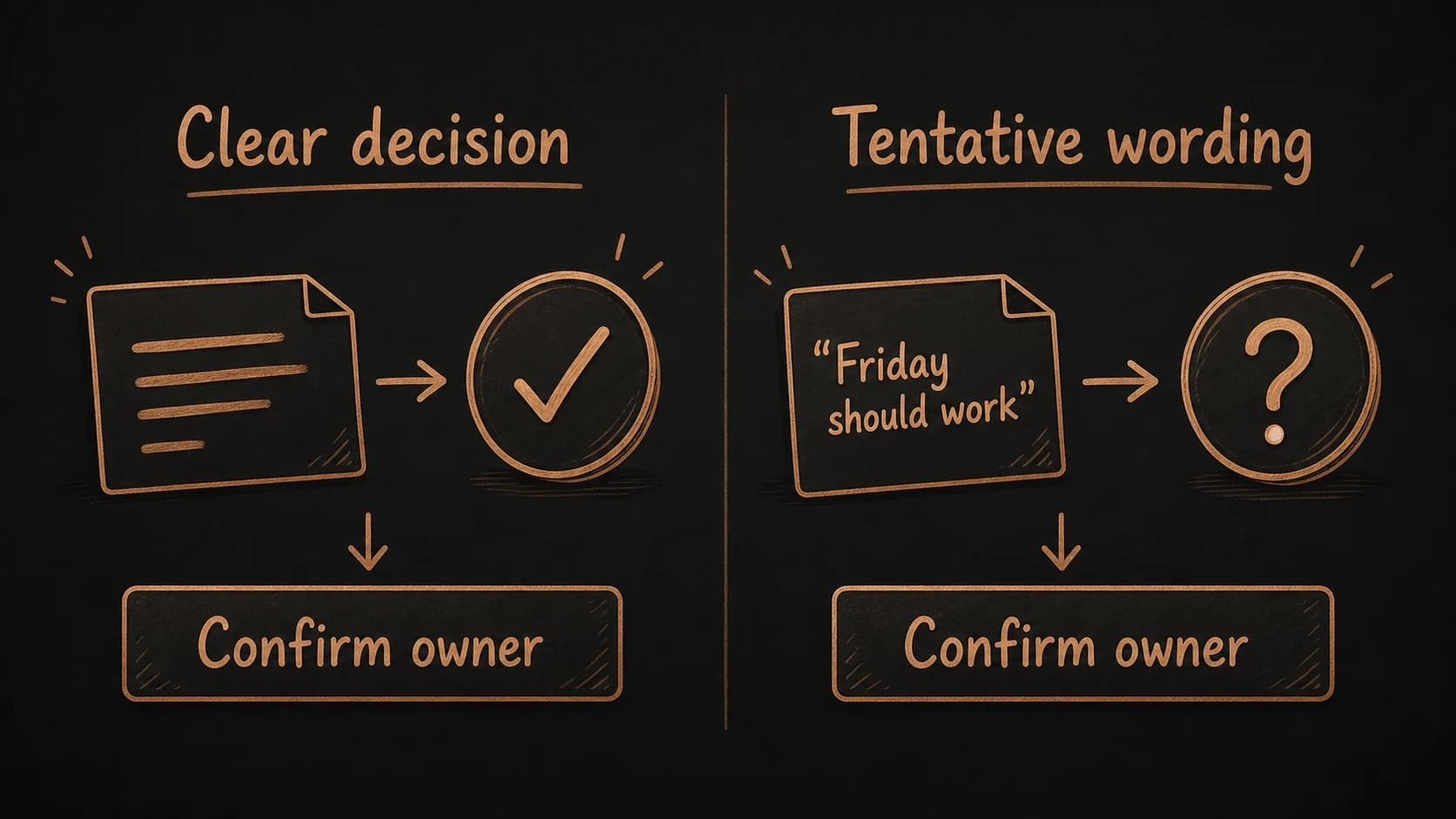 A clear meeting decision compared with tentative email wording that needs owner confirmation