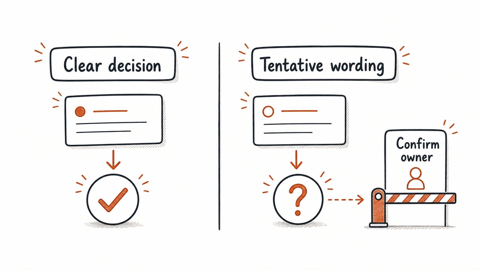 A clear meeting decision compared with tentative email wording that needs owner confirmation