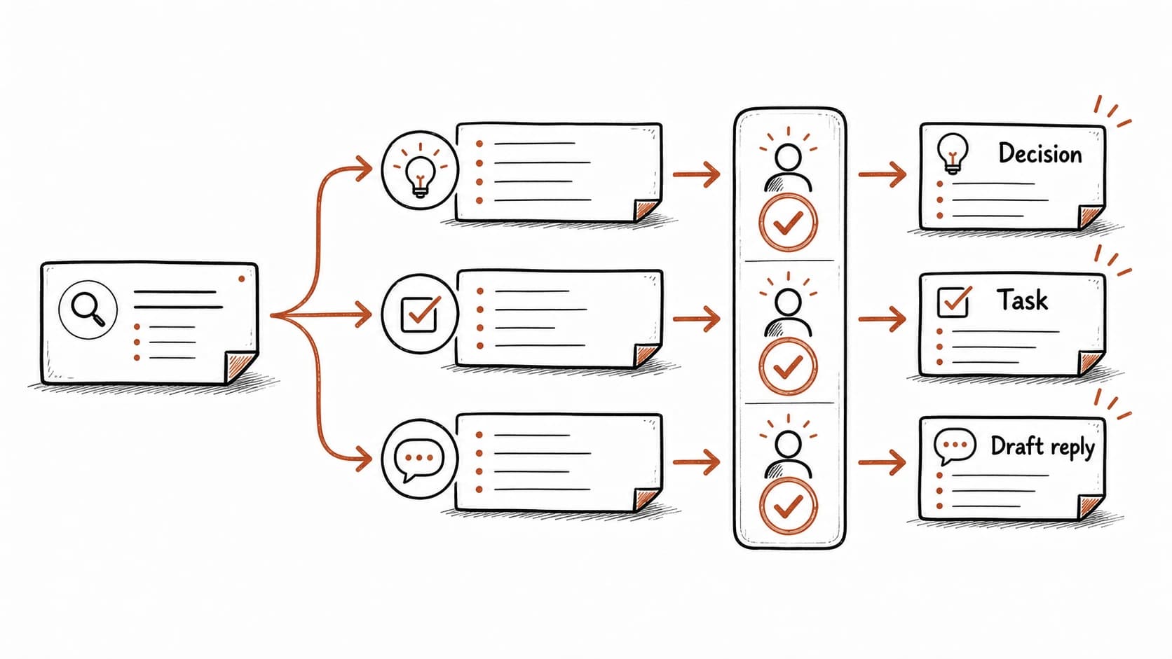 Meeting notes, email, calendar, and documents connected into a project brief and task list