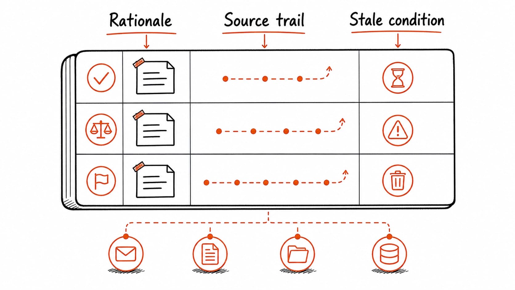 A decision ledger with three entries showing date, source trail, rationale, and stale conditions
