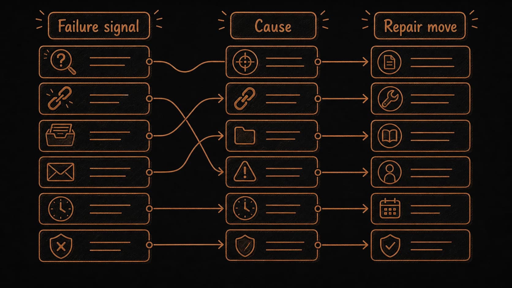 Failure signals connected to likely causes and repair moves across the second-brain workflow