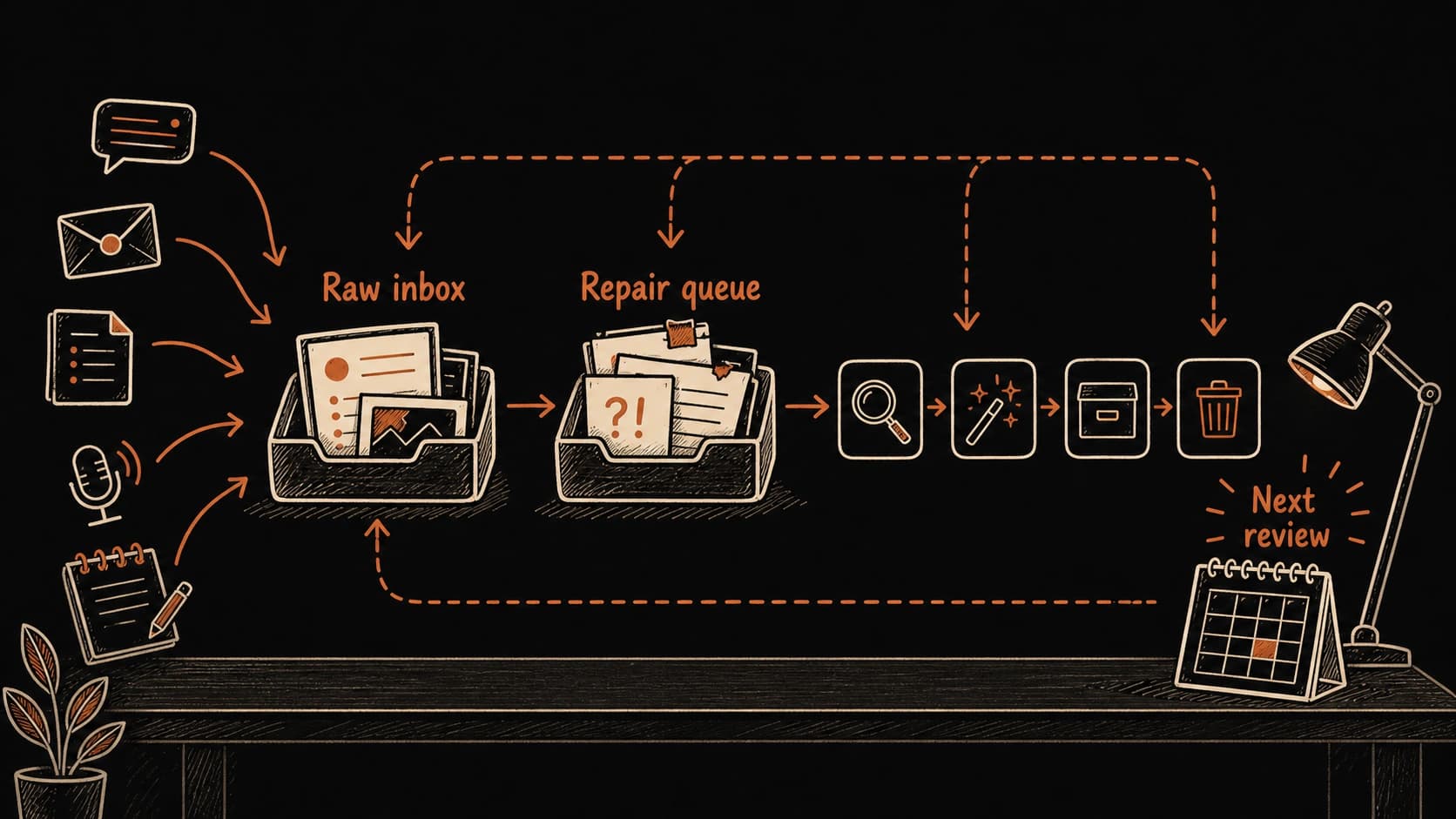 A weekly review loop checking the raw dump, stale records, source trails, and open tasks