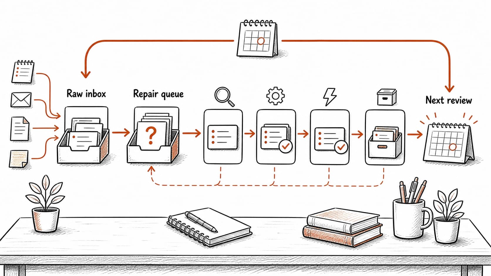 A weekly review loop checking the raw dump, stale records, source trails, and open tasks