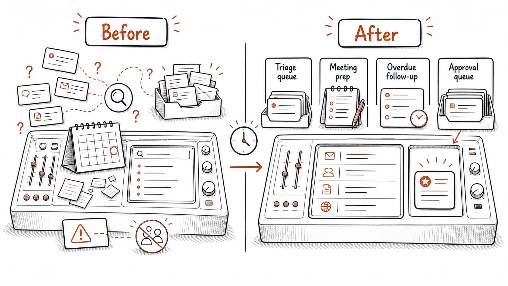 A Monday morning before-and-after contrast between scattered searching and a prepared approval queue