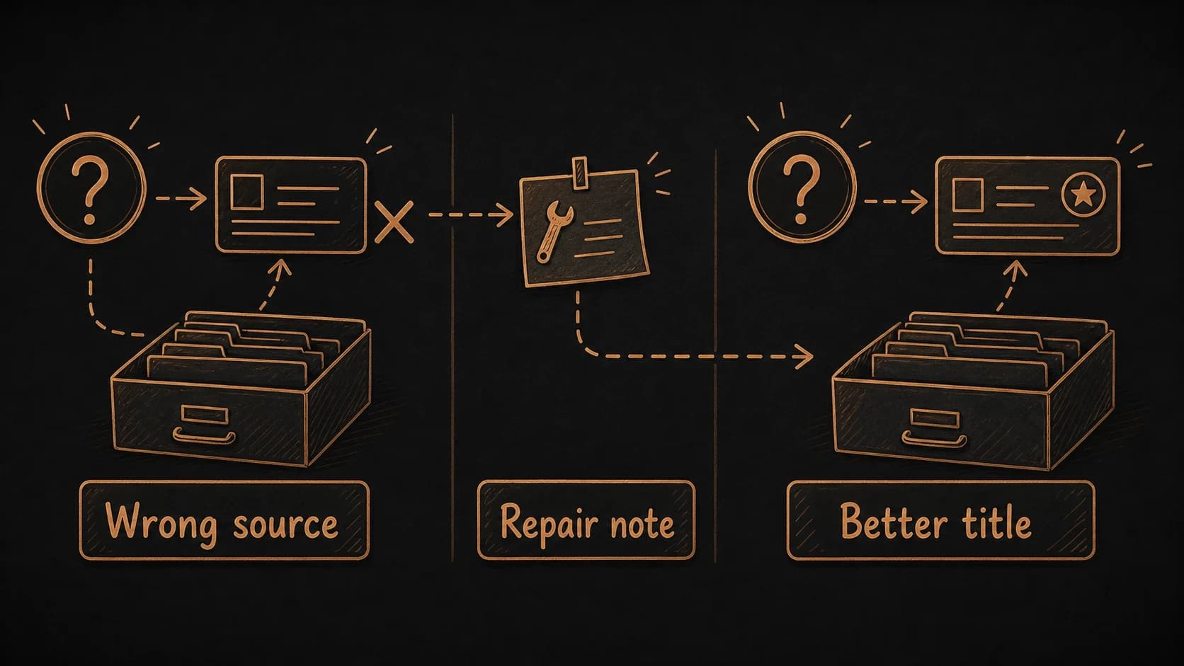 A failed retrieval path pointing to the wrong source before a repair note creates a better title