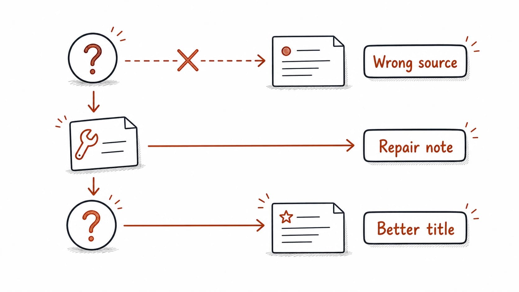 A failed retrieval path pointing to the wrong source before a repair note creates a better title