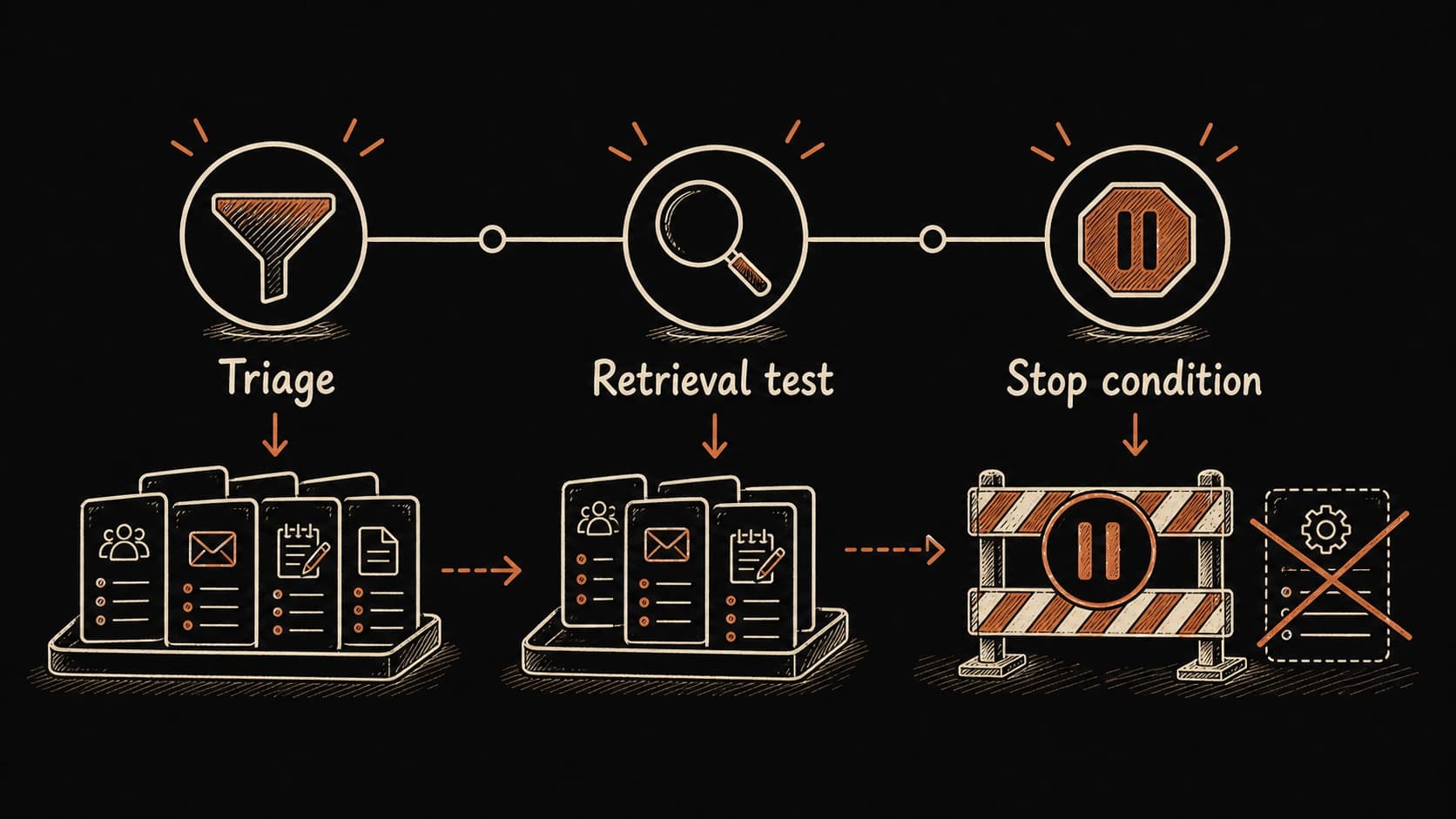 A scheduled second brain running inbox triage, retrieval tests, synthesis, and review cycles