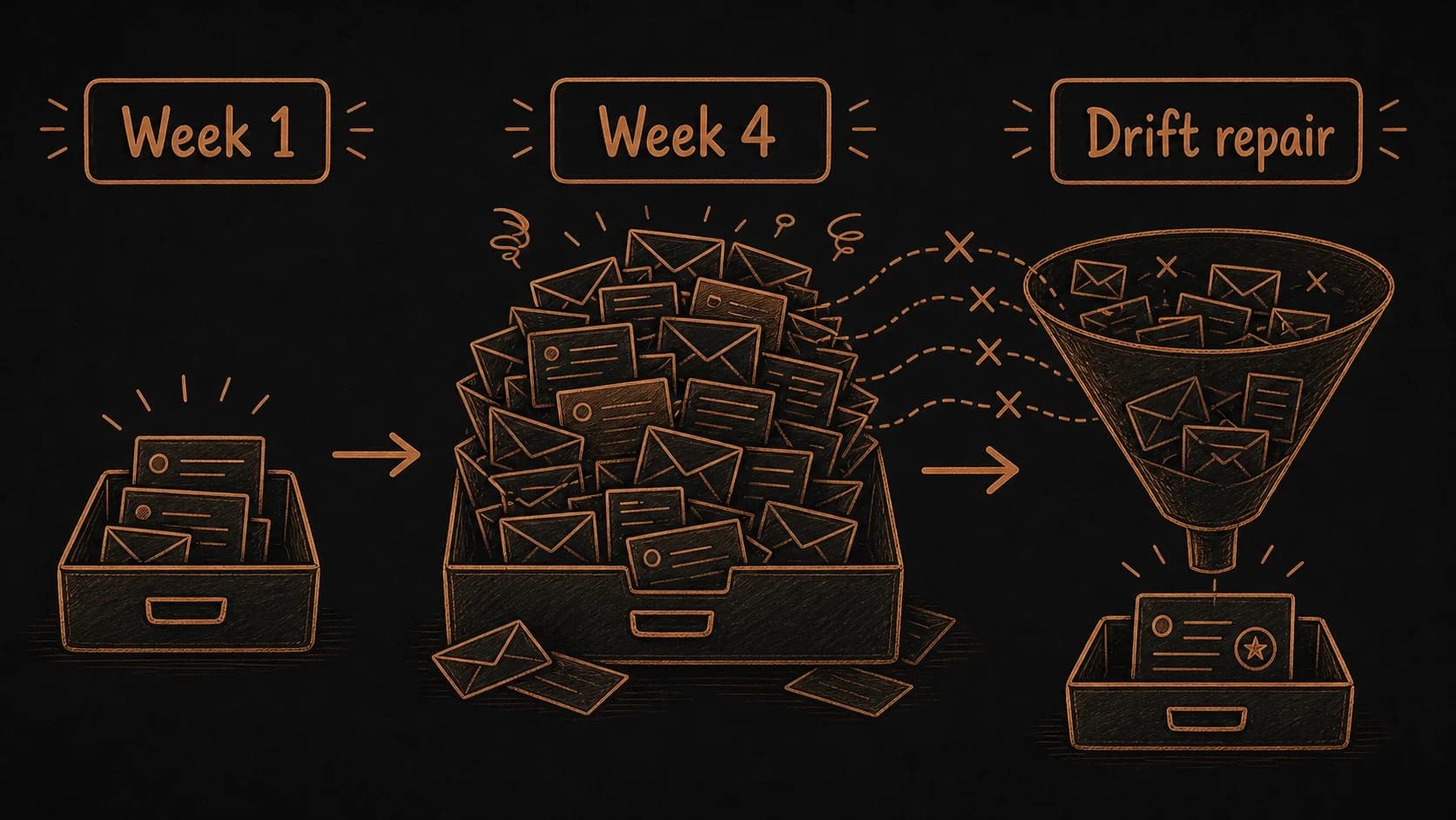 A missed-review timeline where a small week-one inbox becomes a week-four backlog that needs drift repair