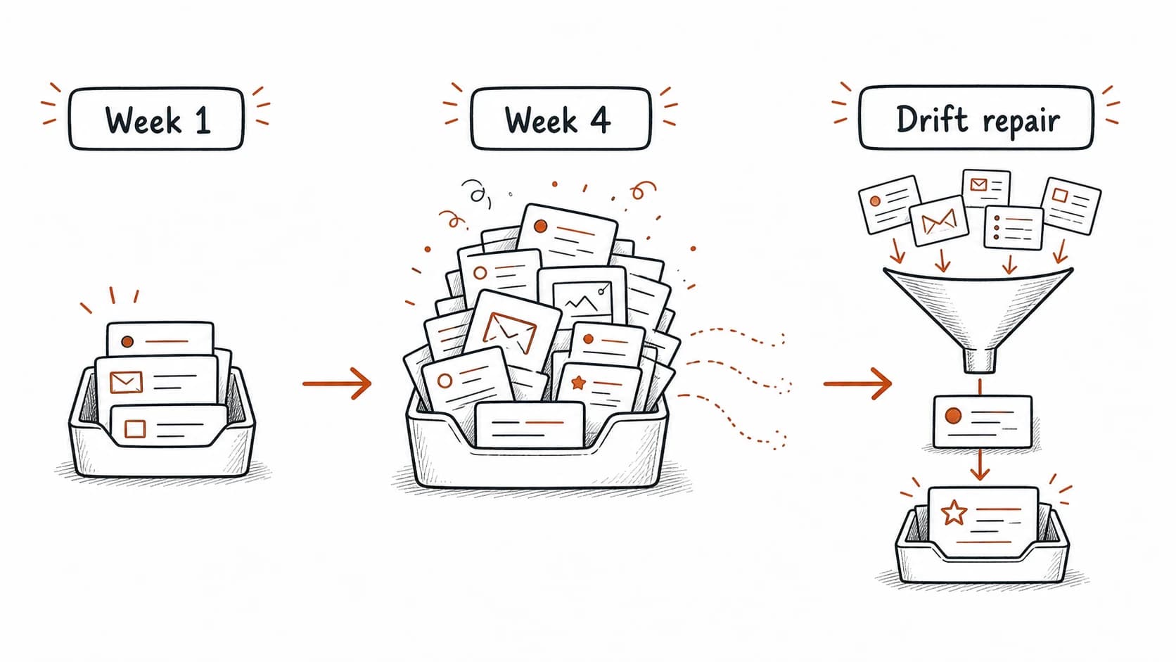 A missed-review timeline where a small week-one inbox becomes a week-four backlog that needs drift repair