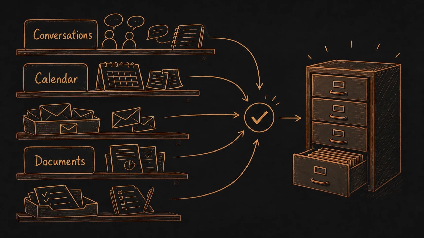 A source map connecting conversations, emails, calendar events, notes, documents, and tasks into one second brain