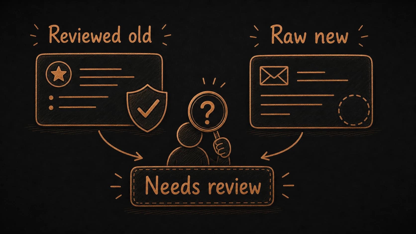 An older reviewed record and a newer raw source held for review before retrieval changes the answer