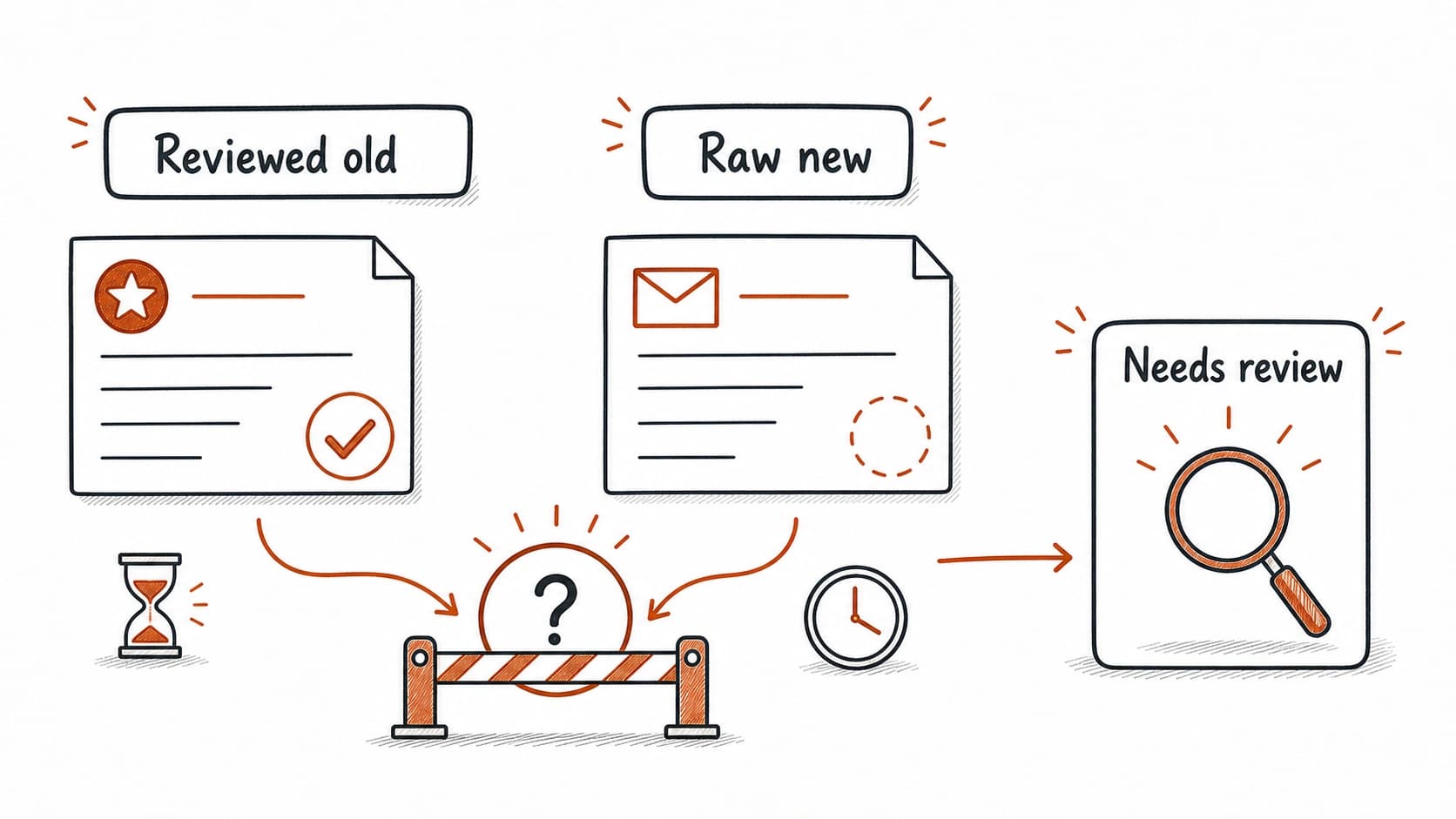 An older reviewed record and a newer raw source held for review before retrieval changes the answer