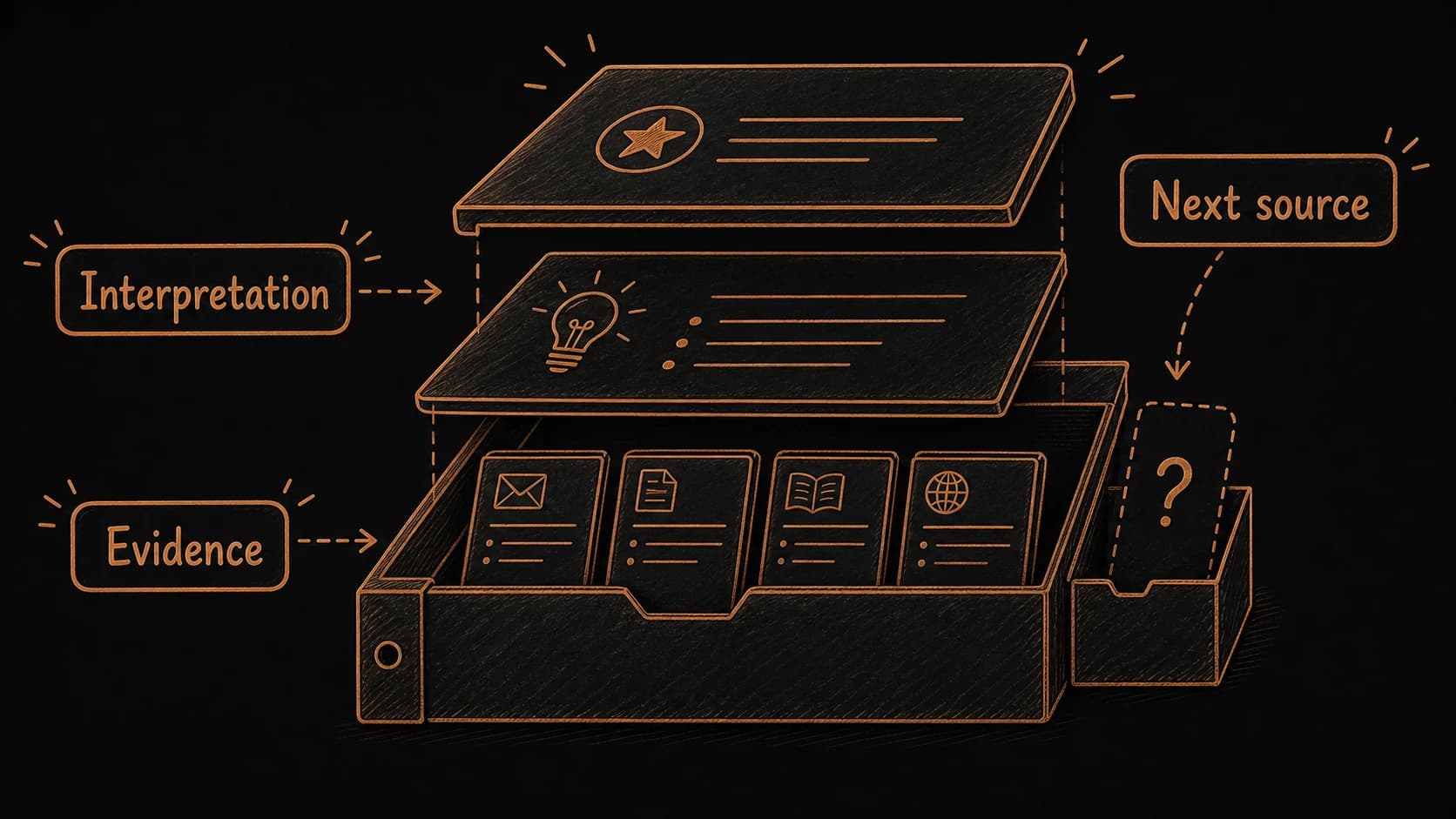 A synthesis report cutaway separating evidence, interpretation, and the next source to check