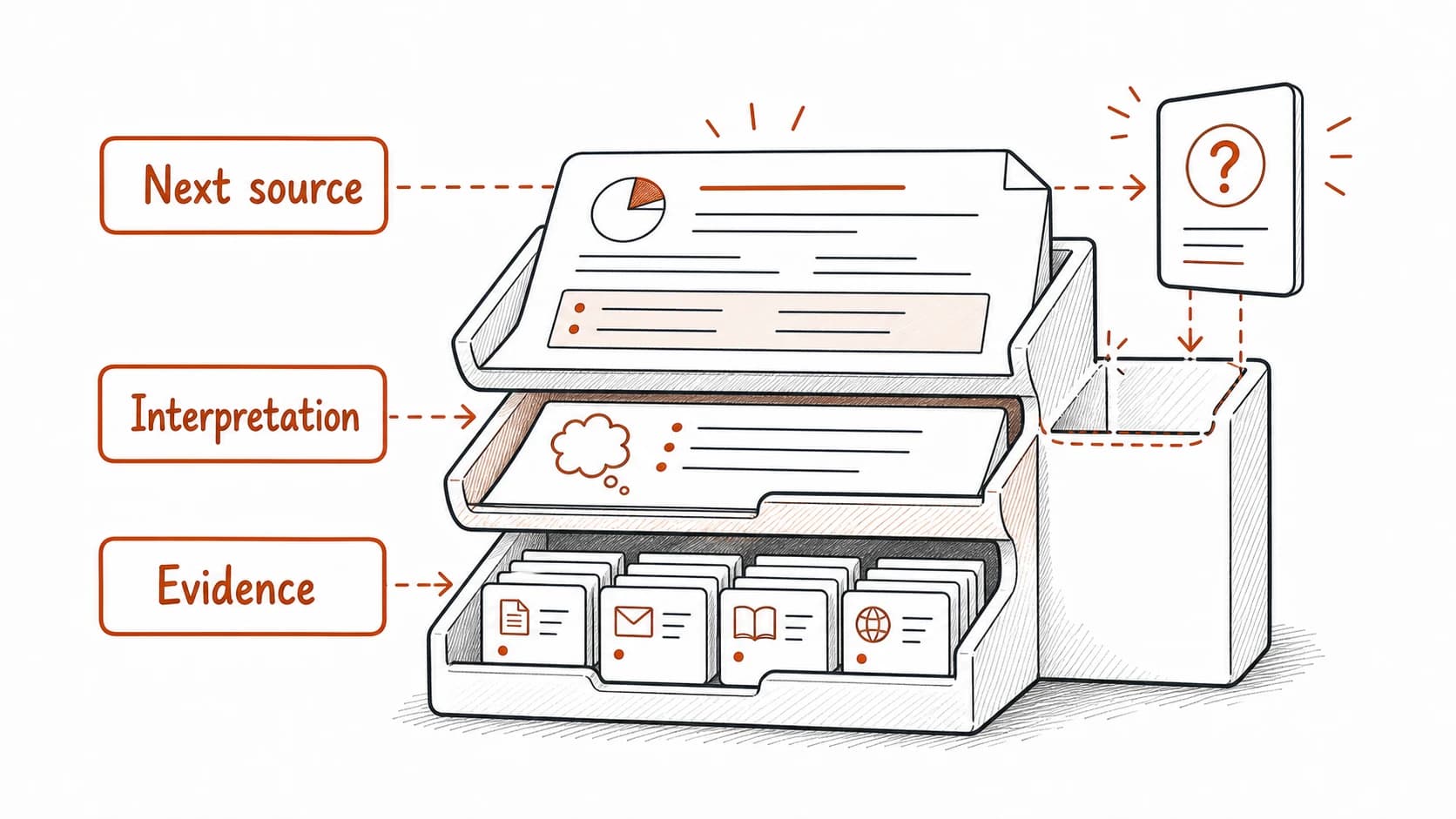 A synthesis report cutaway separating evidence, interpretation, and the next source to check