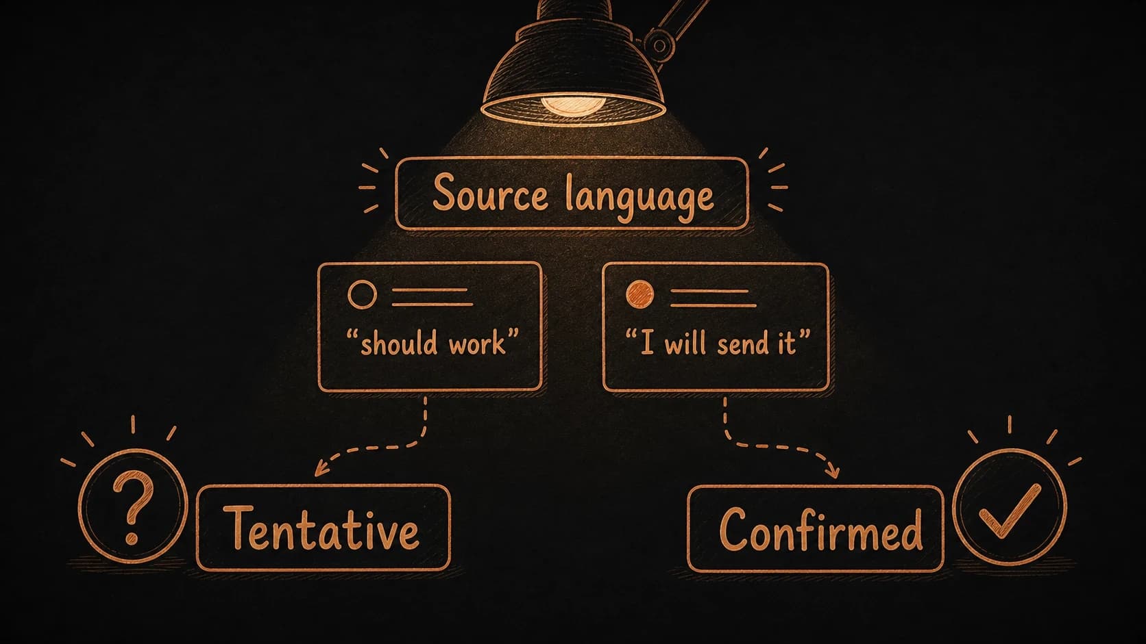 Source language under inspection routing soft wording to tentative and firm wording to confirmed