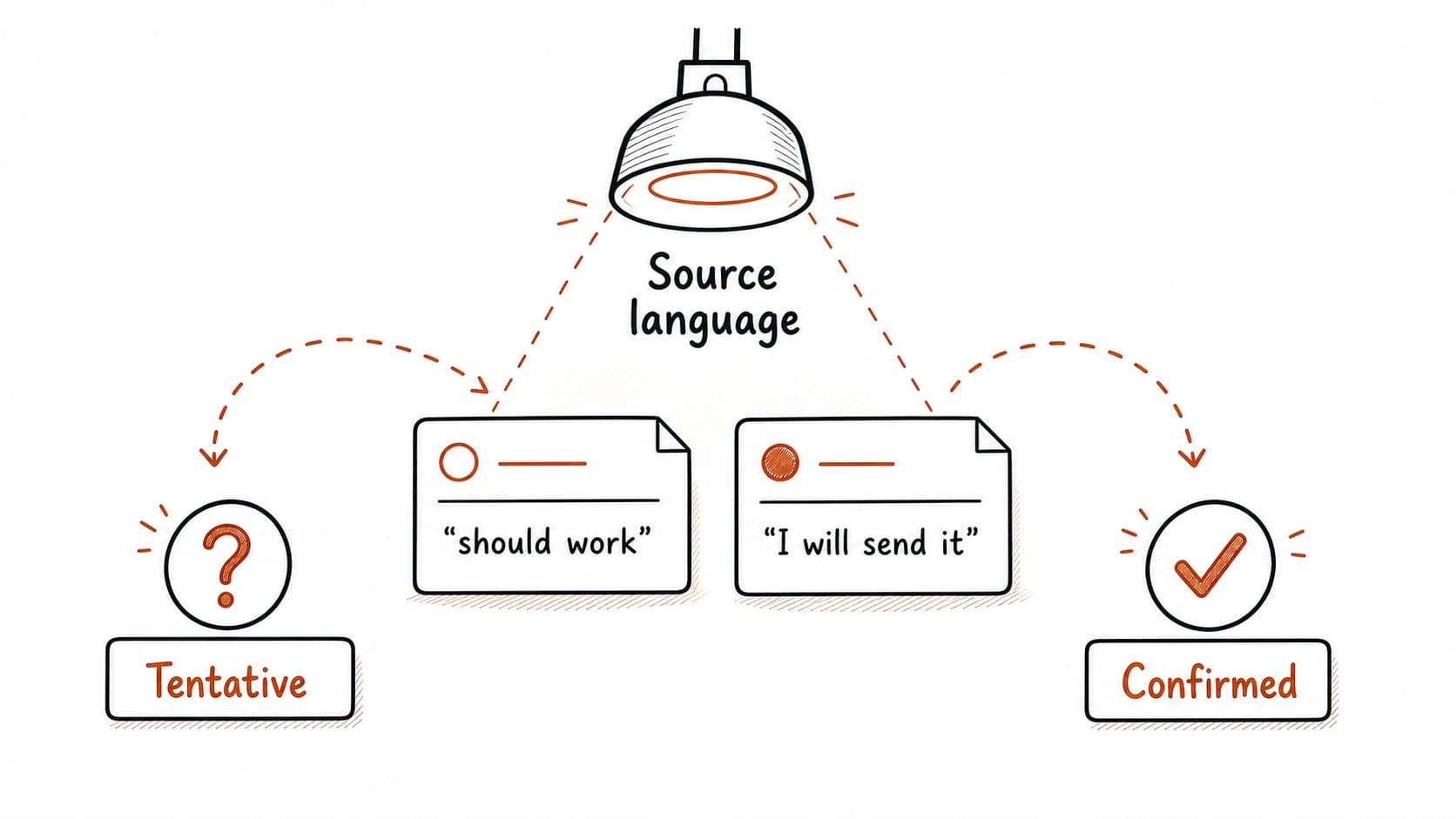 Source language under inspection routing soft wording to tentative and firm wording to confirmed