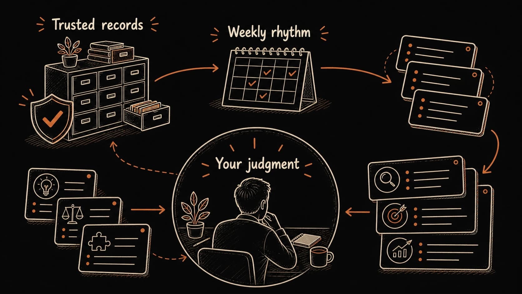 A mature second brain loop connecting trusted records, weekly review rhythm, and judgment before the next move